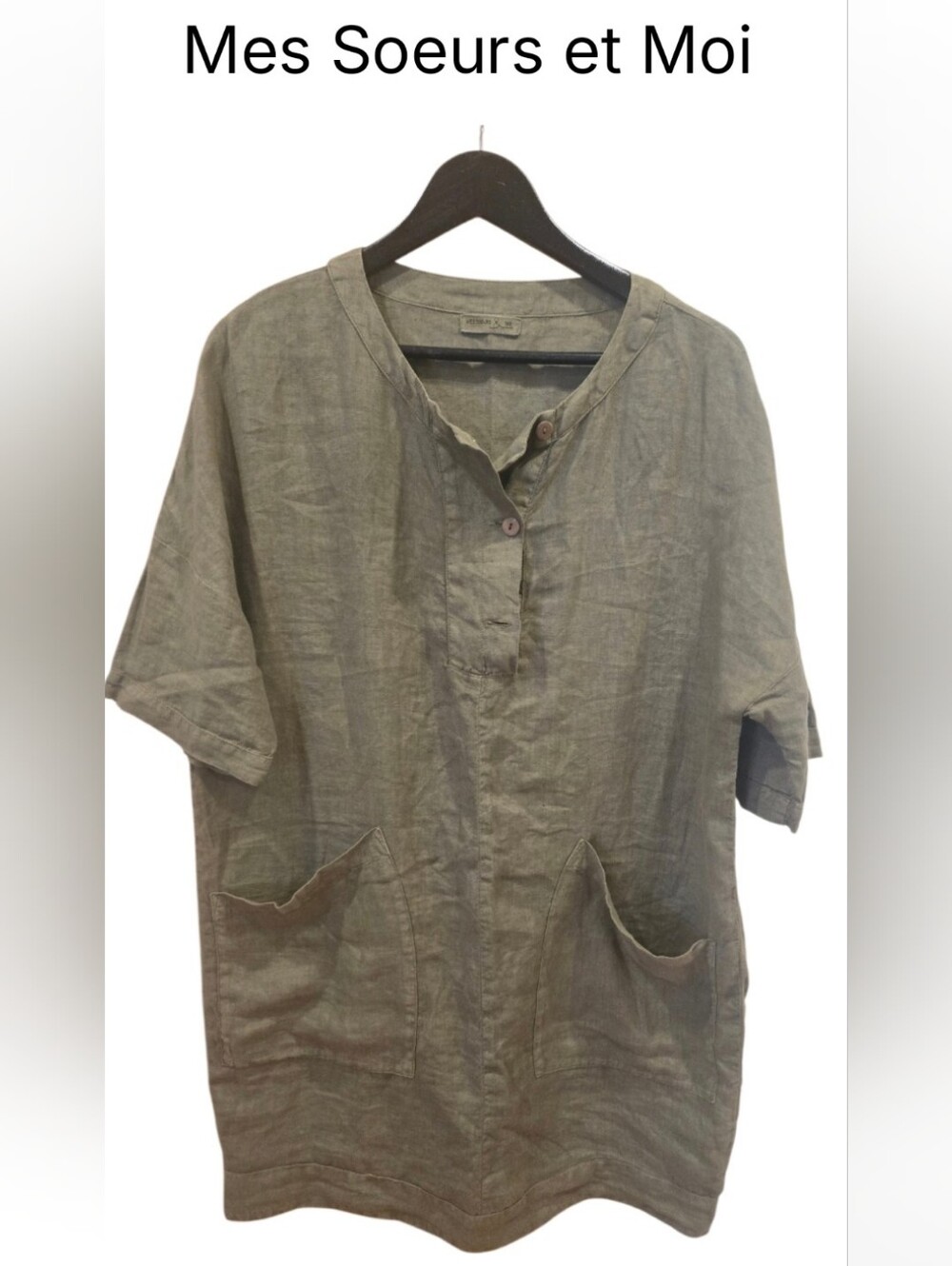 Mes Soeurs Et Moi Olive Short-Sleeve Linen Button-Neck Tunic Dress Sz M